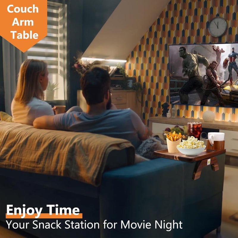 Acanacle Couch Armrest Table Acacia with 360°Rotating Phone & Cup Holders,15.4" x 9.8", 3-in-1 Sofa Arm Tray Clip-On Couch Tray for Drinks & Snacks - Image 3